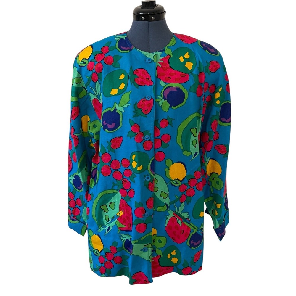 VTG Weathervane Women's 80's Fruit Print Colorful Button up Linen Blazer 16 Arty